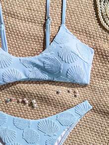Bonvoyette Spring/Summer Purple Shell Pattern Knit Jacquard Fabric Adjustable Shoulder Strap Top With Matching High-Cut Triangle Bikini Bottoms Casual Fashion Women's Swimsuit Set 2pcs - Blue - View 10