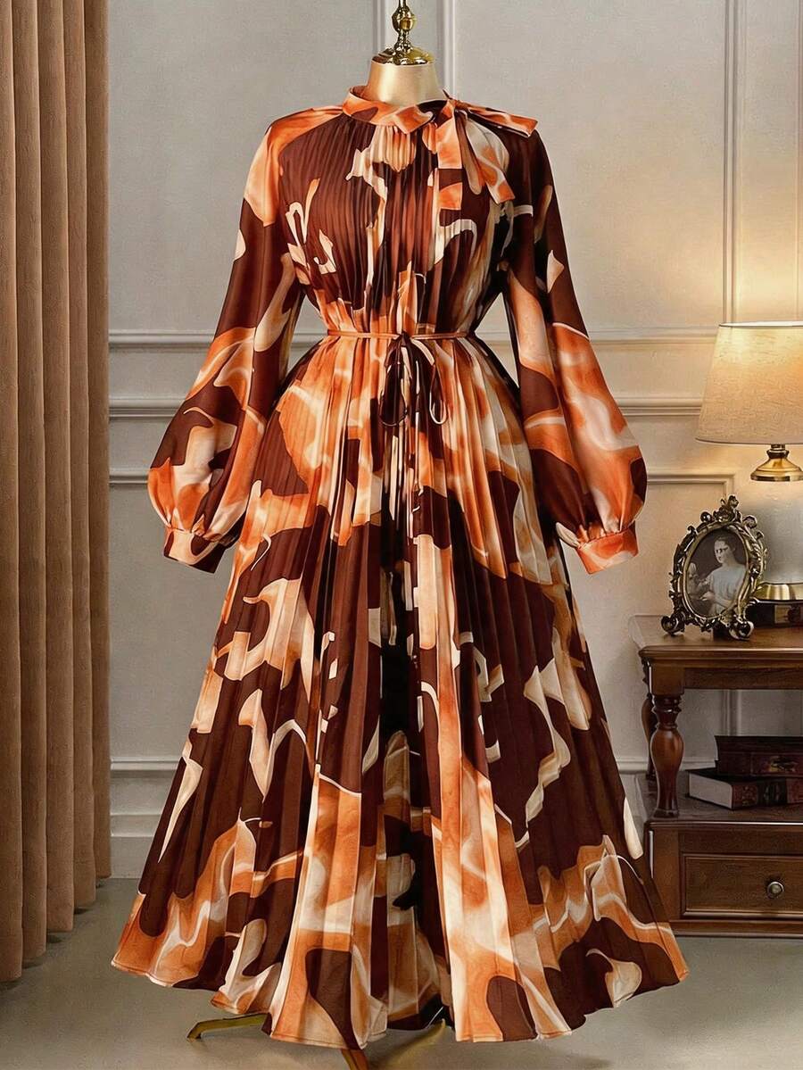 Rometta Plus Size Women's Stand Collar Pleated Waist Knot Design Casual Party Dress - Multicolor - View 1