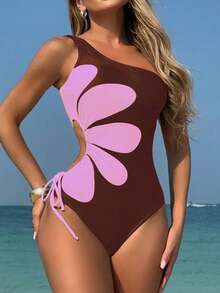 Swim Vcay Springbreak 女款海灘裝夏季套裝，新款單肩定位印花抽繩打結鏤空休閒度假連身泳衣，節慶波希米亞風 - 彩色 - 查看 4