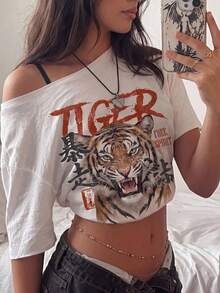 SHEIN EZwear 女款白色夏季街頭風城市度假T恤，極簡東方虎標語印花不對稱肩鬆款短袖時尚Y2K上衣 - 彩色 - 查看 3