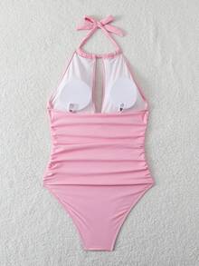 SHEIN Swim Women's Solid Color Pleated Halter Neck Tie One-Piece Swimsuit, Suitable For Beach Vacation, Pool Party, Beach Party - Pink - View 3