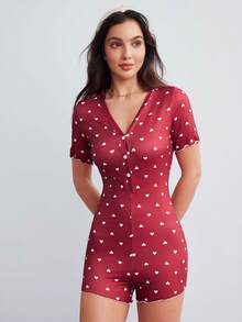 Elorette Heart Print Lettuce Trim Romper - Red - View 4