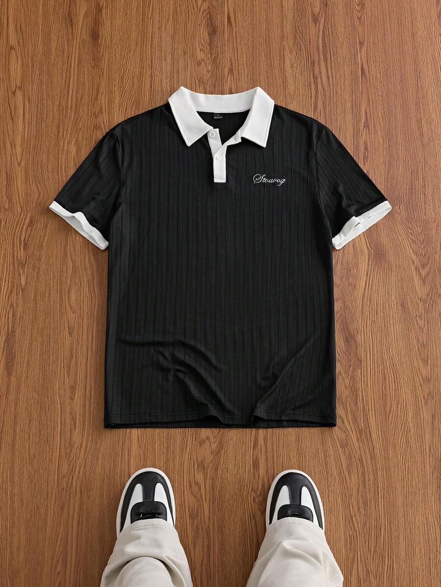 SWAVVY 男士字母刺繡時尚極簡風POLO衫 - 黑色 - 查看 1