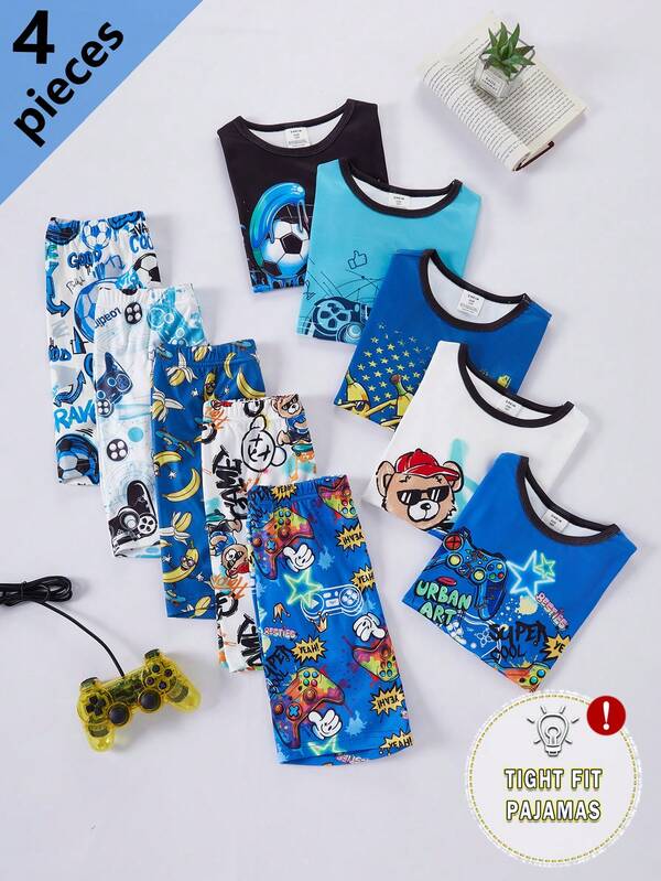 4pcs/Set Tween Boy Short Sleeve & Shorts Knit High Elasticity Cool Print, Combination Of Football & Game Console Elements, Comfortable Soft Fitted Loungewear, Best Gift For Boys