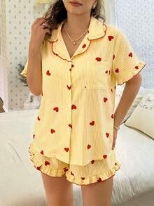 CottageSlumber Pink Heart Print Ruffle Collar Button-Up Short Sleeve Shorts Pajama Set Plus Size - Yellow - View 6