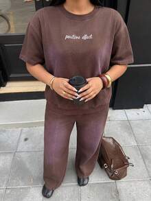 Dazy Plus Plus Size Women 2-Piece Set, Letter Embroidery Washed Dark Blue Loose Long Sleeve Top And Pants, Suitable For Spring And Autumn Summer - Brown - View 6