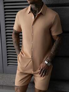 Manfinity Homme 2pcs Solid Color Textured Short Sleeve Shirt And Shorts Set Football - Orange - View 6