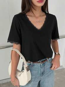 DAZY Women's Summer Round Neck Short Sleeve Lace Patchwork Casual Pullover T-Shirt - Black - View 2