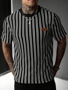 EGENSIO Kaos Lengan Pendek Denim Patchwork Bergaris Pria Kasual Serbaguna untuk Perjalanan Sehari-hari - Hitam - View 7