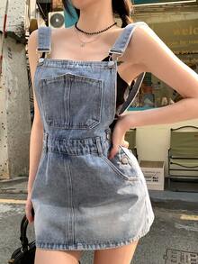 DAZY 春夏復古水洗藍音樂節情人節休閒街頭戶外短褲辣妹女款牛仔吊帶褲 - 藍色 - 查看 3