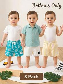 SHEIN Playful Pals 3件組嬰兒與男嬰休閒風白色、黃色 & 白色條紋、貝殼印花短褲，適合日常穿著與夏季出遊，幼童必備短褲套裝 - 彩色 - 查看 3