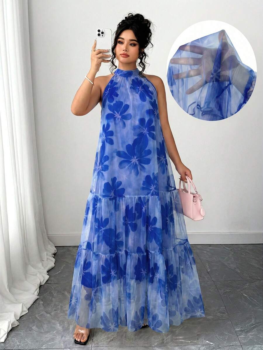 Elenzga Vestido Longo Elegante Plus Size Feminino Tecido Sem Mangas Dupla Camada Laranja Floral Grande Floral Fresco Tule