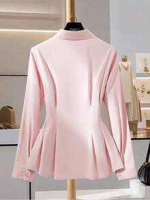 SHEIN Women's Elegant Solid Color 3D Butterfly Decor Cinched Shirt Collar Long Sleeve Blouse - Pink - View 2