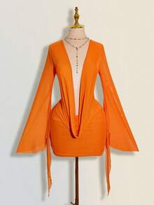 SHEIN ICON 性感寬鬆大碼垂領網格拼接露背迷你洋裝 - 橘色 - 查看 2