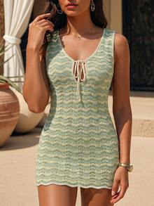 Swim Vcay Women's Fashion Versatile Vacation Tie-Up Sheer Sleeveless Cover-Up Dress Beach Vacation Green Striped Summer Tropical - Multicolor - View 7