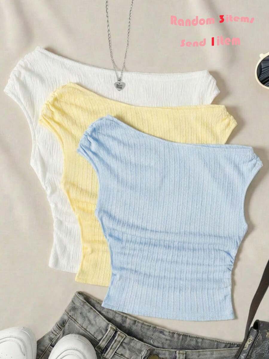 SHEIN 随机3件,赠送1件 少女拼接休闲不对称肩部纹理面料吊带背心 柔软舒适 新款 SS26 时尚夏季上衣 白色上衣 适合夏季休闲、校园、运动、户外野餐、街头摄影、居家 母亲节毕业季夏季上衣 - 白色 - 查看 1