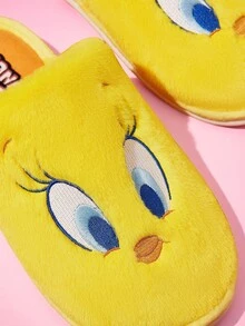 LOONEY TUNES X SHEIN 可爱卡通刺绣翠迪黄色女士防滑室内拖鞋女童柔软毛绒保暖秋冬家居鞋耐用鞋底，居家卧室空调房春季 - 黃色 - 查看 4