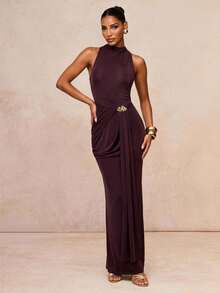 Lumalex Women's Dark Brown Autumn Elegant Wedding Guest Long Dress,Metal Decor Pleated Backless Halter Neck Glitter-Accented Luxury Prom Party Banquet Gown - Dark Brown - View 5