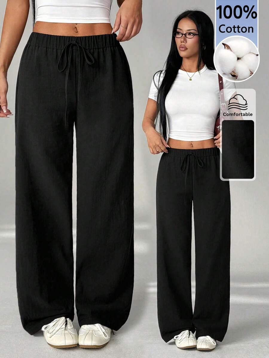 SHEIN PETITE Spring/Summer Fashion: Gray Pants For Casual, Commuting, Vacation, Romantic, Everyday, Minimalist. - Black - View 1