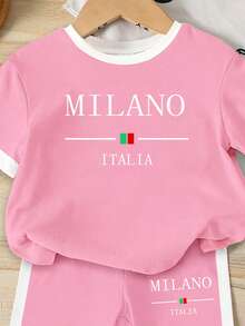 2件/套可愛休閒經典配色拼接字母MILANO, ITALIA印花圓領T恤與修身配色短褲套裝，適合夏季、學校、外出、戶外可愛夏季女嬰服裝，韓系風格 - 彩色 - 查看 4