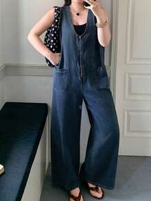 Dazy Plus Plus Size Women's Washed Dark Blue Zip Front Loose Casual Long Denim Jumpsuit, Spring/Summer - Dark Wash - View 8