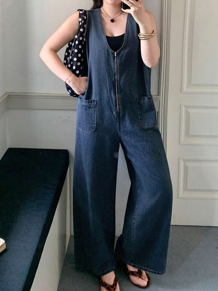 Dazy Plus Plus Size Women's Washed Dark Blue Zip Front Loose Casual Long Denim Jumpsuit, Spring/Summer
