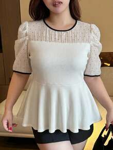 Dazy Plus 春夏配色拼接對比蕾絲收腰顯瘦百搭休閒大尺碼女款短袖T恤 - 白色 - 查看 3