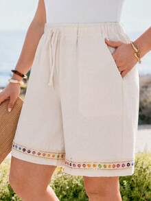 EMERY ROSE Plus Size Women's Summer Beige Sequin Lace Pocket Drawstring Waist Shorts,Boho Beach Holiday Casual Vacation Loose Bermuda Shorts,Spring Break Outfits - Multicolor - View 5