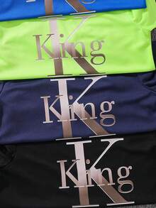 SHEIN 4套兒童青少年男孩休閒純色KING字母圖案短袖圓領T恤與鬆緊腰短褲套裝多件組 - 彩色 - 查看 6