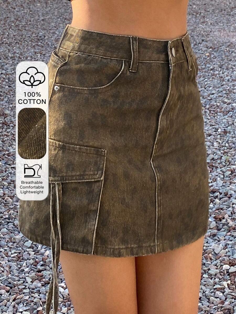 DAZY Women's Olive Green Print Denim Skirt With Large Pockets, Utility Street Casual Style Y2K Summer Everyday Daytime - Brown - View 1