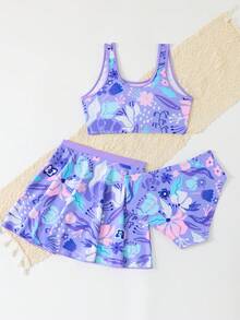 SHEIN 青少年女孩比基尼套裝，青少年女孩泳衣套裝，可愛女孩度假紫色U背寬肩帶裙 3件式分體，時尚休閒精緻華麗淑女風，適合游泳、夏季度假、夏季海灘、海邊、泳池、游泳池、暑假派對、休閒度假 - 紫色 - 查看 3