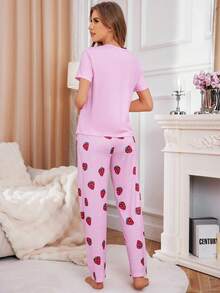 SHEIN Casual Underwear&Sleepwear 女款圓領草莓印花短袖上衣與長褲休閒日常睡衣套裝 - 彩色 - 查看 2