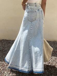 Livesso Tall Chân váy maxi denim nữ viền rách, kiểu dáng nghỉ dưỡng - Rửa nhẹ - Xem 5