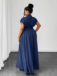 Maweii Charmantes elegantes Revershemd mit Plissee, einfarbiges taillenbetontes Große Größen Kleid, geeignet für lässig-elegante Alltagskleidung, tägliche Date-Kleidung, charmantes elegantes Kleid, Frühlings-/Sommerkleid - marineblau - Übersicht 2