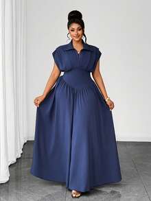 Maweii Charmantes elegantes Revershemd mit Plissee, einfarbiges taillenbetontes Große Größen Kleid, geeignet für lässig-elegante Alltagskleidung, tägliche Date-Kleidung, charmantes elegantes Kleid, Frühlings-/Sommerkleid - marineblau - Übersicht 3