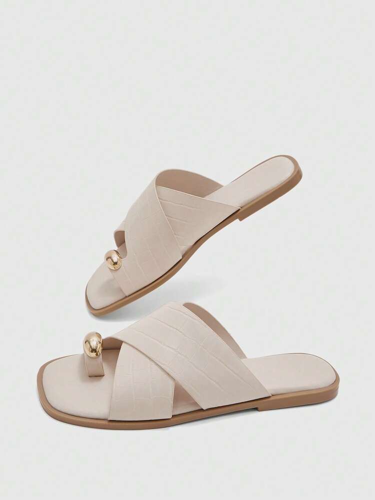 CUCCOO BIZCHIC Ladies Fashion Cross Belt Beige Embossed Foot Clip Metal Buckle Small Square Toe Flat Sandals Comfortable Flat Sandals Slippers Suitable For Commuting Beach Vacation Ladies Flat Sandals