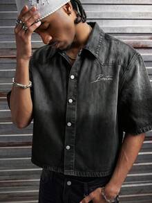 AXEPEAK Men's Black & Grey Vintage Gradient Short Sleeve Denim Shirt - Black - View 1