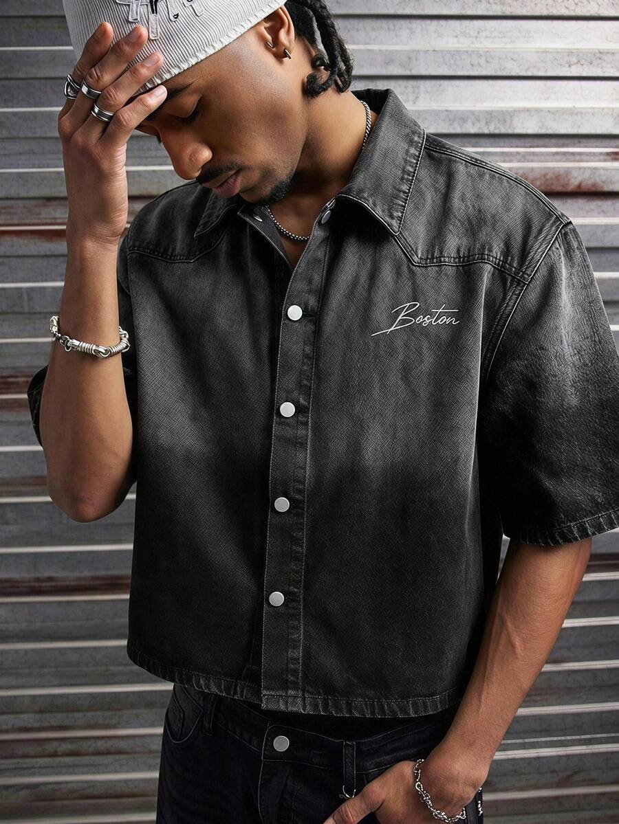 AXEPEAK Men's Black & Grey Vintage Gradient Short Sleeve Denim Shirt - Black - View 1