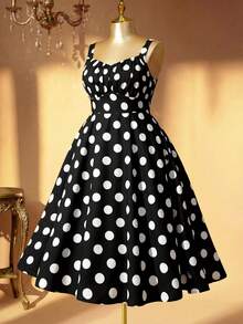 Rometta Plus Size Summer Casual Polka Dot Printed Sleeveless Dress - Black - View 2