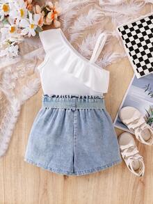 SHEIN Elladie kids 2 件套少女活泼可爱不对称上衣 + 牛仔短裤休闲儿童套装 - 白色 - 查看 2