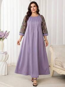 Al Najma 大尺碼女款花卉刺繡網紗插肩袖優雅阿拉伯風洋裝 - 紫色 - 查看 4
