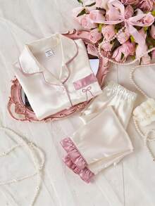 Baby Girl Solid Color Short Sleeve Long Pants Bow Embroidery Ruffle Trim 2-Piece Loungewear Set Spring Summer - Champagne - View 4