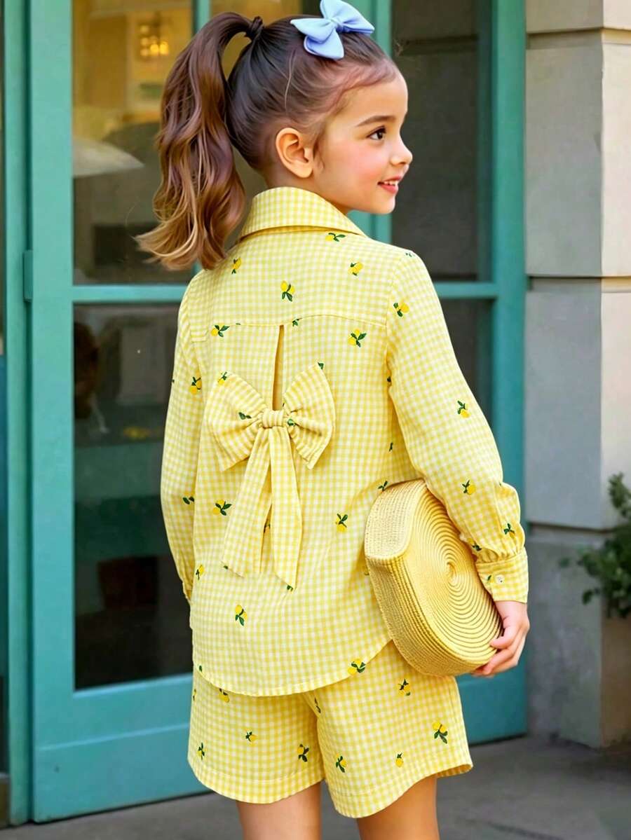 SHEIN Casuvi Kids 2件組少女拼接對比色不對稱領長袖條紋後背蝴蝶結裝飾上衣與拼接條紋長褲,學院休閒風,適合四季穿著 - 黃色 - 查看 1