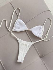 Elavelle Women's Spring/Summer Jacquard Fabric Spaghetti Strap Beaded Bikini Set - White - View 4