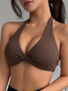 DAZY Solid Color Halter Neck Twist Front Slight Push-Up Women's Sports Bra - Brown - View 6