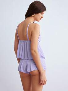 Elorette 2pcs Light Purple Mesh Patchwork Sheer Ruffle Pure Charm Elegant Minimalist Camisole + Shorts Women's Pajama Set - Purple - View 2