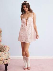 Elorette Pink And White Frill Trim Embroidered Lace-Up Flounce Bohemian Cute Romantic Pastoral Women's Nightgown Wedding Summer - Pink - View 1