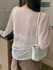 Dazy Plus 時尚波點網紗長袖抓皺套頭上衣，百搭休閒街頭風大尺碼女款上衣，適合秋季 - 米色 - 查看 3