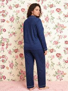 Elorette Plus Size Ditsy Floral Ruffle Collar Long Sleeve PJS Sleepwear Set , Fall & Winter Clothes Plus Size PJS Curve Plus PJS Plus Size Pijama For Women - Navy Blue - View 2