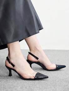 CUCCOO BIZCHIC Zapatos de tacón de aguja con punta puntiaguda y TPU transparente, elegantes para ir al trabajo/fiesta/oficina, color albaricoque, sandalias de tacón alto para mujer para Navidad - Negro brillante - Ver 5